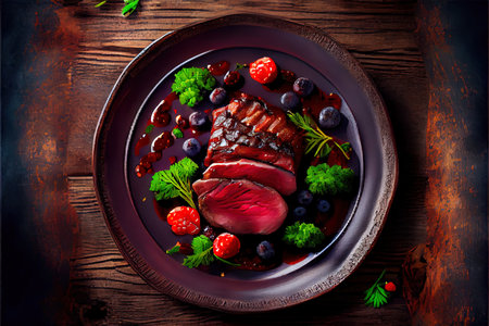 Delicious and traditional Grilled sliced Venison Steak for good breakfast and dinner Ai generated imageの写真素材