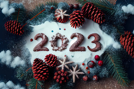 New year text written in snow with decoration poster 2023 Ai Generated Imageの写真素材