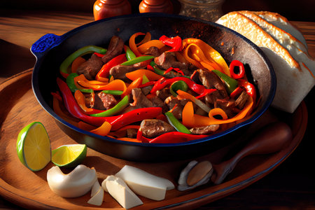 Beef Fajitas with colorful bell peppers with vitamin Ai generated imageの写真素材
