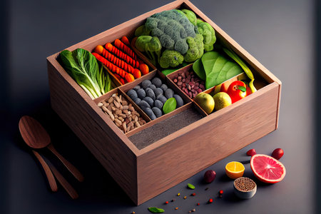 Traditional Healthy food clean eating selection in wooden box Ai generated imageの写真素材