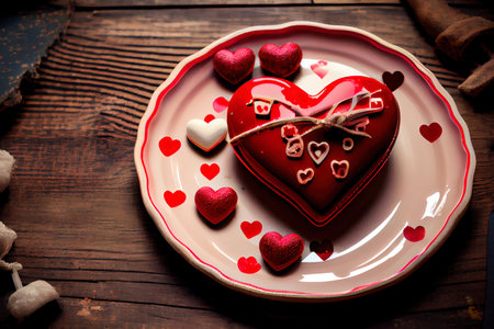 Heart-shaped plate and Valentines Day decorations on table Ai generated imageの写真素材