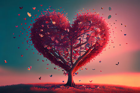 Wonderful Love tree with flying hearts Ai generated image