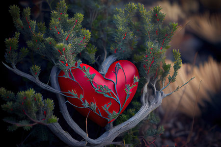 Red heart on bush or shrub Ai generated image