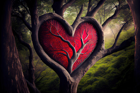Heart symbol on the tree Ai generated imageの写真素材