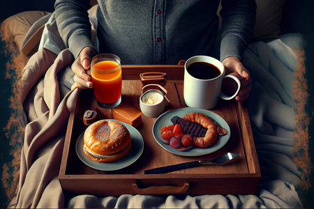 Super tasty Breakfast in bed on table tray for eating Ai generated imageの写真素材