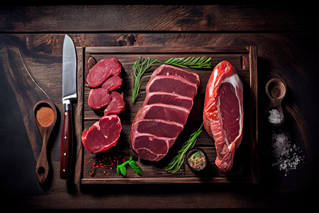 Variety of Raw Black Angus Prime meat steaks Machete for breakfast , lunch and dinner Ai generated imageの写真素材
