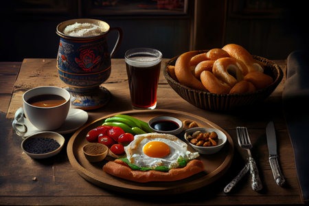 Healthy Turkish breakfast in bed with fried egg Ai generated imageの写真素材