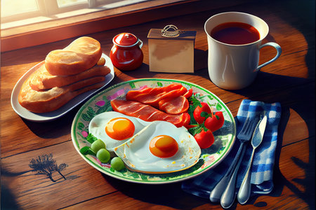 So tasty Full fry up English breakfast on sunny summer morning Ai generated imageの写真素材