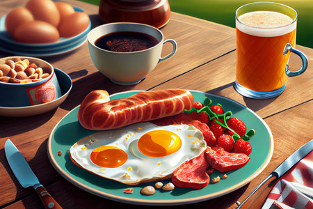 So tasty Full fry up English breakfast on sunny summer morning Ai generated imageの写真素材