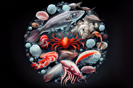 Delicious and healthy Raw Seafood on ice Ai generated imageの写真素材