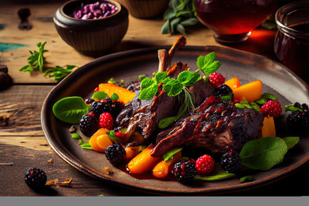 Organic Grilled Venison Ribs with baked vegetables Ai generated imageの写真素材