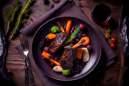 Grilled Venison Ribs with baked vegetables for dinner Ai generated imageの写真素材