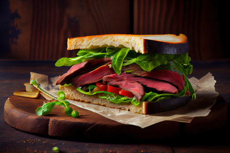 Delicious Sandwich with beef steak rare Ai generated imageの写真素材