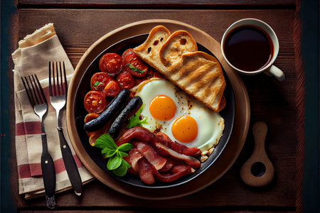Full fry up English breakfast with fried eggs for good health