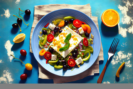 Delicious Greek salad with feta cheese and sun Ai generated imageの写真素材