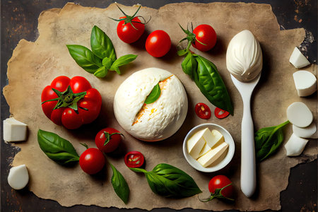 Vegeterian Ingredients for Salad with Burrata cheese Ai generated imageの写真素材