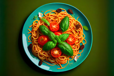 Special Spaghetti with tomato and basil on green Ai generativeの写真素材