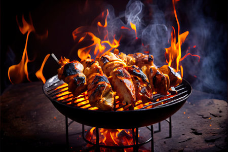 Delicious Grilling Chicken meat shashlik on metal skewers Ai generated image
