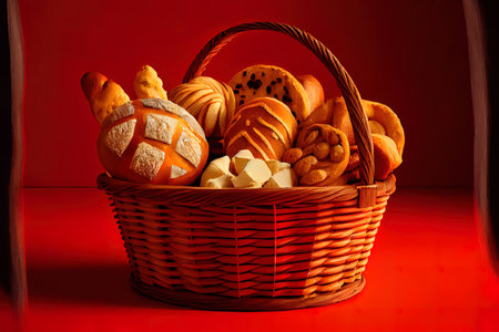 Amazing Assortment of baked bread in basket on red background Ai generative