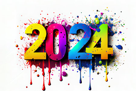 Exceptional 2024 Happy New Year celebration banner with colorful 3D numbers made of colorful paint splashes Ai generativeの素材