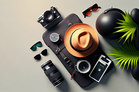 Flat lay camera and passport arrangement Ai generativeの素材