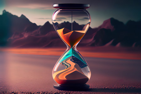 Excellent hourglass clock on the road with copy space, mix color, natarul background Ai generativeの素材