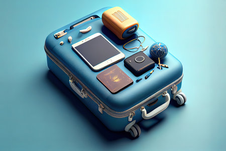 3d Flip flops, sunglasses, beach ball, travel suitcase Ai generativeの素材