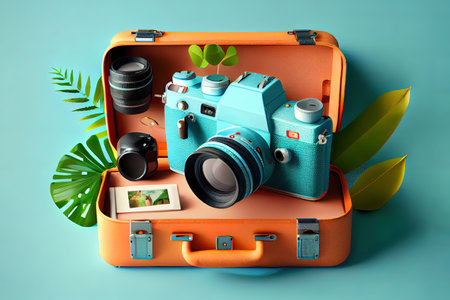 Wonderful Camera with traveling suitcase and travel accessories on blue background, wanderlust and travel concept, flat lay, 3d rendering Ai generativeの素材