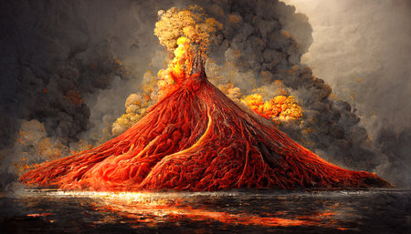 Volcano eruption in nature scene at night Ai generativeの素材
