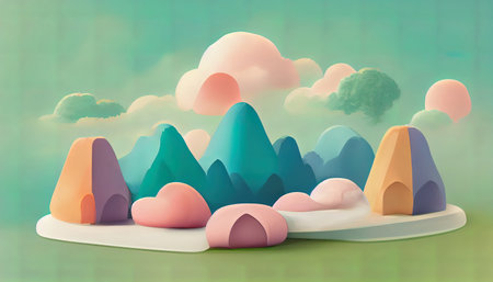 Summer camp on a green lawn with empty pedestal, Clouds, trees and plasticine mountains. Generative Aiの素材