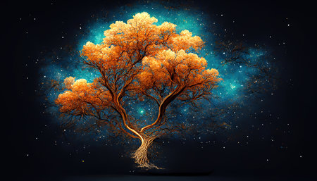 Wonderful The tree in the night sky, 3d illustration, 3D graphics, 3d rendering, Detailed, colored. Generative Aiの素材