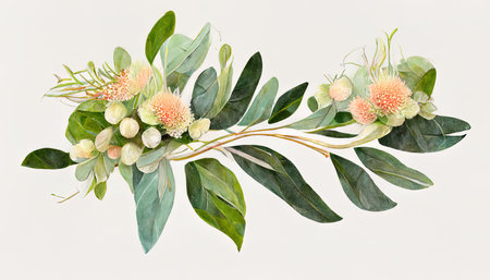 Watercolor eucalyptus flower arrangement, Greenery branches and jasmine flowers clipart. Generative Aiの素材