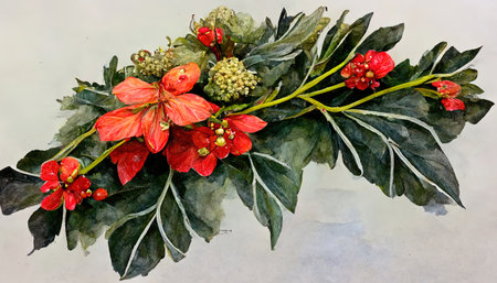 Amazing New year arrangement with poinsettia flower, ilex, fir branch with cones for design. Generative Aiの素材