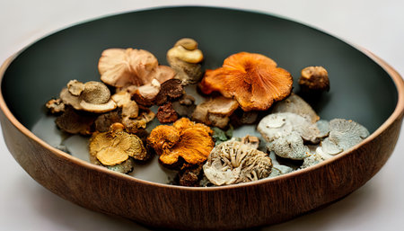 Top view of fresh mushrooms on a yellow plate on green wooden surface. Generative Aiの素材
