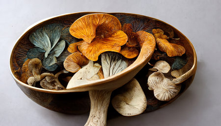 Different fresh wild mushrooms in bowl, flat lay. Generative Aiの素材