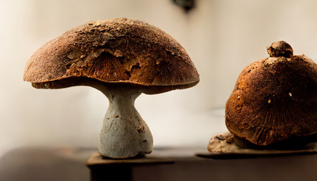 Mushrooms on soil background. Generative Aiの素材