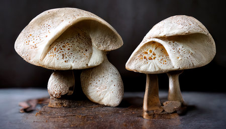 Photo of two porcini mushrooms not yet harvested. Generative Aiの素材
