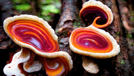 Nature scene with mushrooms and log. Generative Aiの素材