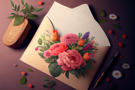 Bouquet of fresh flowers in wrap near tag with mom word and scissors. Generative Aiの素材