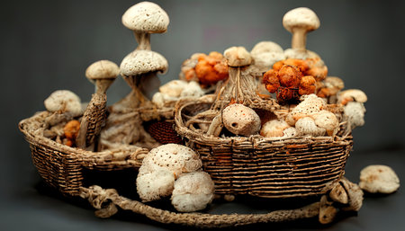 Mushrooms in basket composition. Generative Aiの素材