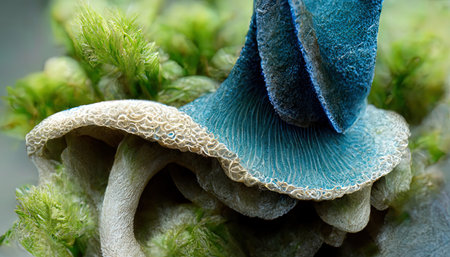 Wonderful Blue hat of oyster mushrooms growing on green moss close up. Generative Aiの素材