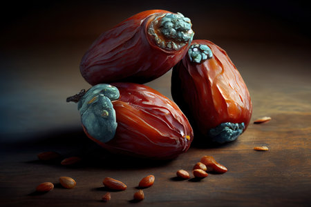 Jerusalem date fruit on stone background. Large date fruit on a wooden serving board. Generative Aiの素材