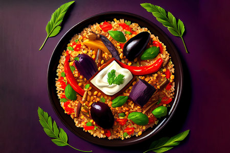 Nutritious Bulgur pilaf with eggplant and vegetables. Top view with copy space. Generative Aiの素材