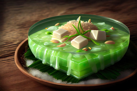 Special Buko Pandan Salad is a Filipino made with green jelly cubes, tropical palm fruit. Generative Aiの素材