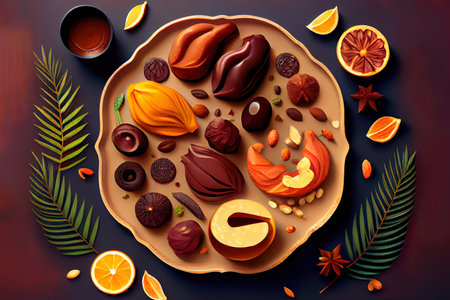 Eid al-Fitr and Holly month RamadanTea glass with dates fruit, nuts and blank paper. Generative Aiの素材