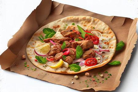 Shawarma sandwich fresh roll of, Grilled Meat and salad with white sauce on black background. Generative Aiの素材