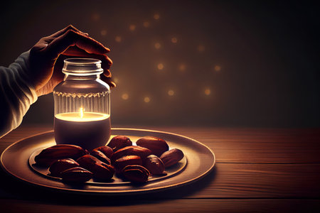 Organic Holy month of Ramadan concept. Righteous Muslim Lifestyle. Fasting. Ramadan lantern, dates, glass of milk. Generative Aiの素材