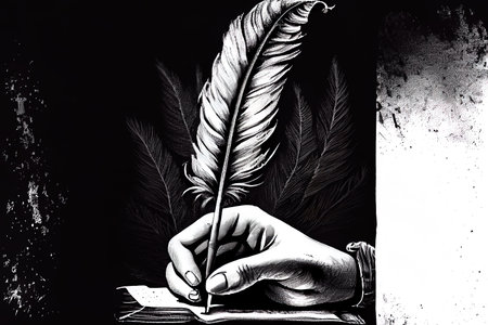 Hand with a quill pen. ink black and white drawing. Generative Aiの素材