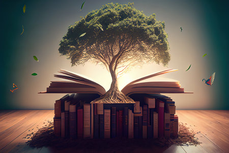 Education concept with tree of knowledge planting on opening old big book in library with textbook. Generative Aiの素材