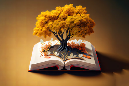 Tree with apples combined with pencil over open vintage book education. Generative Aiの素材